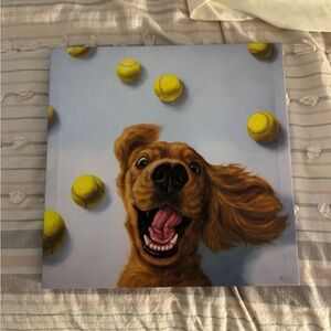 Dog Tennis Ball Art Print Canvas 12x12 Wall Decor - Yellow